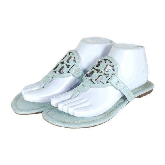 Tory Burch Women's Miller US8,5M Light Blue Leather Logo Flat Thong Sandals - Picture 1 of 16